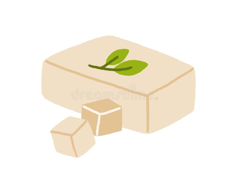 Blocco di tofu e suoi pezzi di cubo tagliati. tutta la barra del formaggio feta servita con foglia di basilico. latte alimentare f illustrazione vettoriale