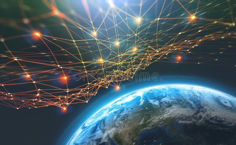 Block chain network and Planet Earth. Artificial intelligence. Global decentralized database stock image