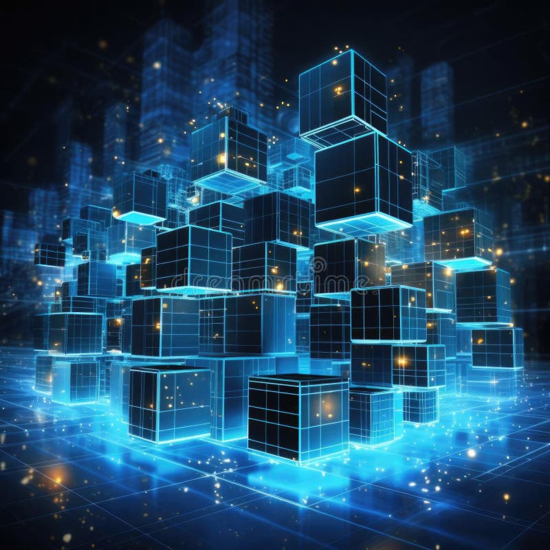 Block chain technology in secure finance network connecting digital cube to big data visualization, online transaction stock illustration