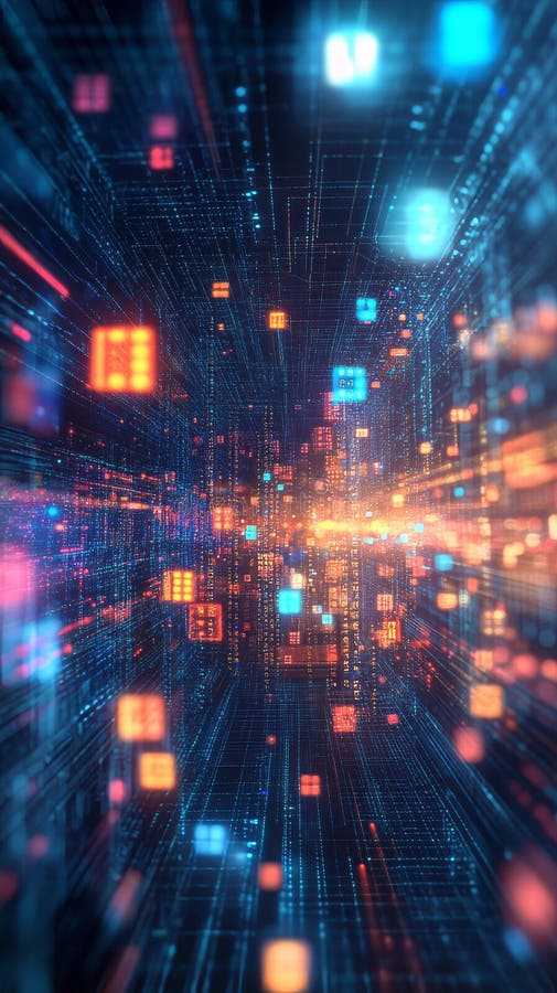 Blockchain. A computer chip with a blue background and red squares. The squares are all different sizes and have different numbers on them