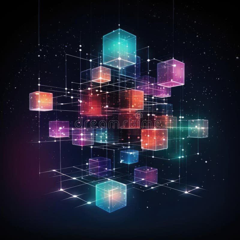 Blockchain concept banner. Isometric digital blocks connection with each other and shapes crypto chain. Abstract royalty free illustration