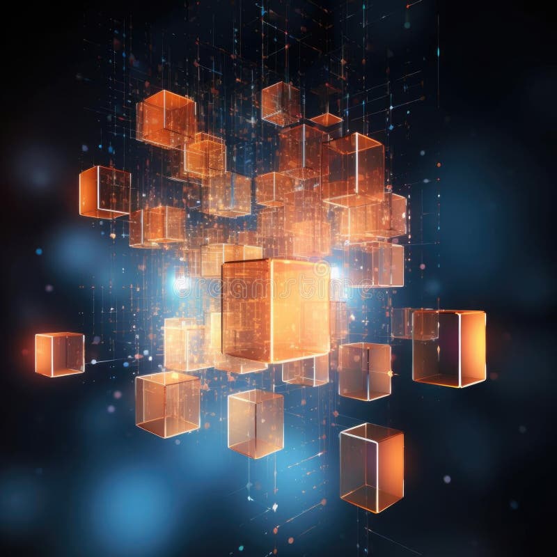 Blockchain concept banner. Isometric digital blocks connection with each other and shapes crypto chain. Abstract vector illustration