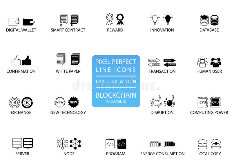 Blockchain and cryptocurrency thin line icon set. Pixel perfect icons with 1 px line width for optimal app and web usage royalty free illustration
