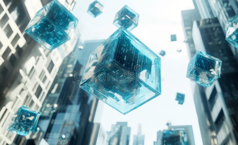 Blockchain data streams across global digital networks. 3D visualization of data cells with binary code details. royalty free stock photography