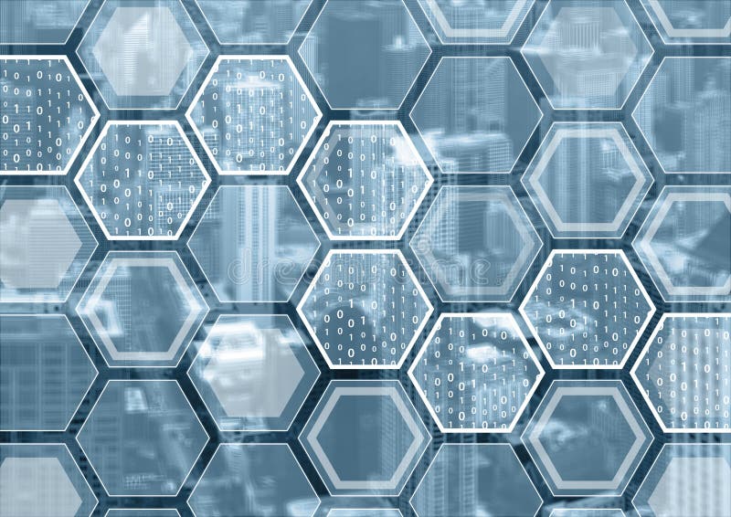 Blockchain or digitization blue and grey background with hexagonal shaped pattern royalty free stock photos