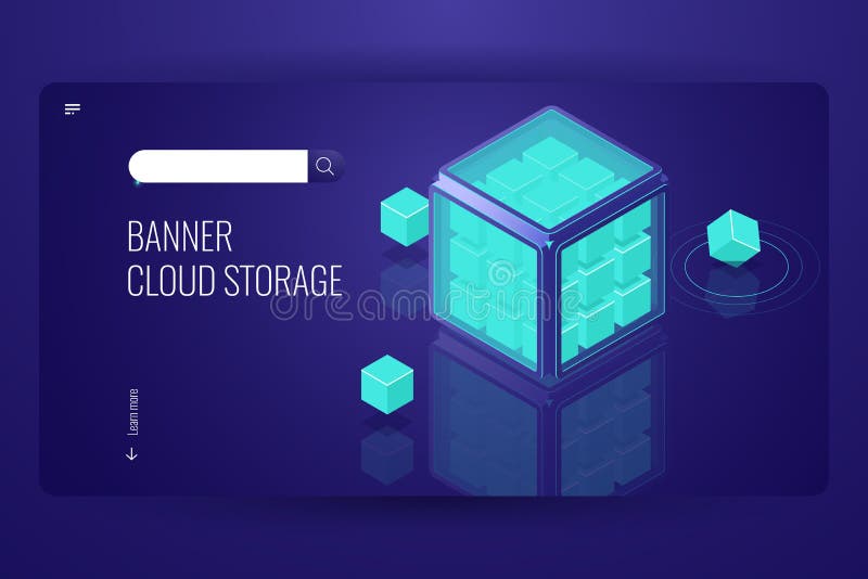Blockchain feature, security data cryptographic, info protection, technology cube, cloud database storage concept, dark vector illustration