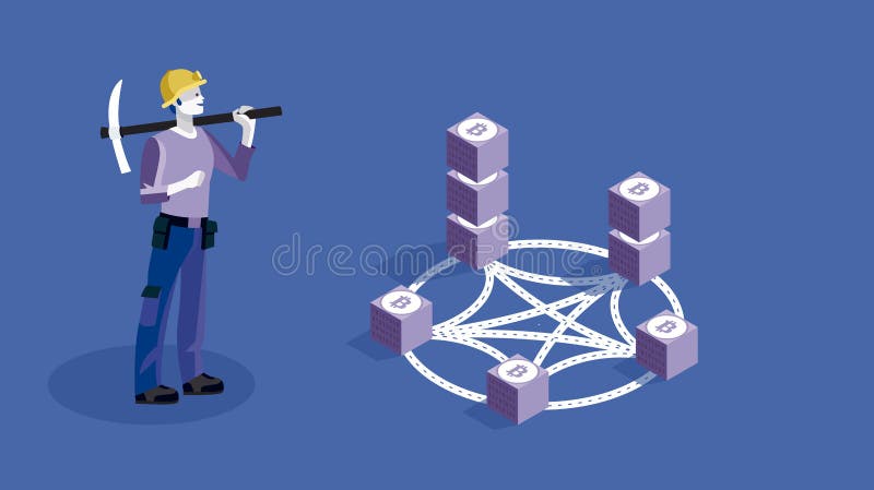 Blockchain-Konzept-Schieber-Fahne mit Bergmann Man vektor abbildung