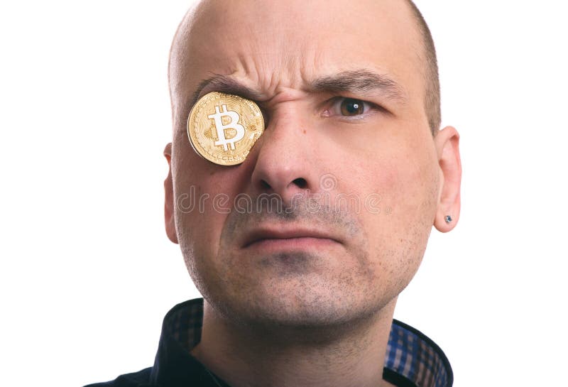 Blockchain mining. Portrait of a man with bitcoin coin royalty free stock photography Blockchain mining. Portrait of a man with bitcoin coin royalty free stock photography
