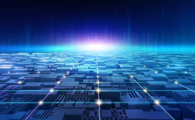 Futuristic world. Digital technology in global cyberspace. Blockchain network and artificial intelligence. 3D illustration of urban space in a new smart reality. Coding mesh illustrations