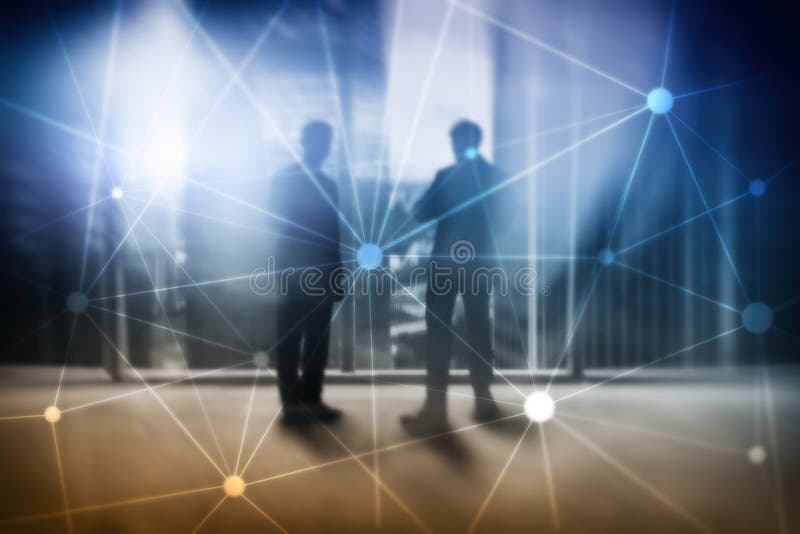 Blockchain network on blurred skyscrapers background. Financial technology and communication concept vector illustration Blockchain network on blurred skyscrapers background. Financial technology and communication concept vector illustration