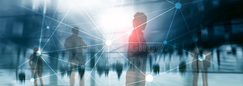 Blockchain network on blurred skyscrapers background. Financial technology and communication concept