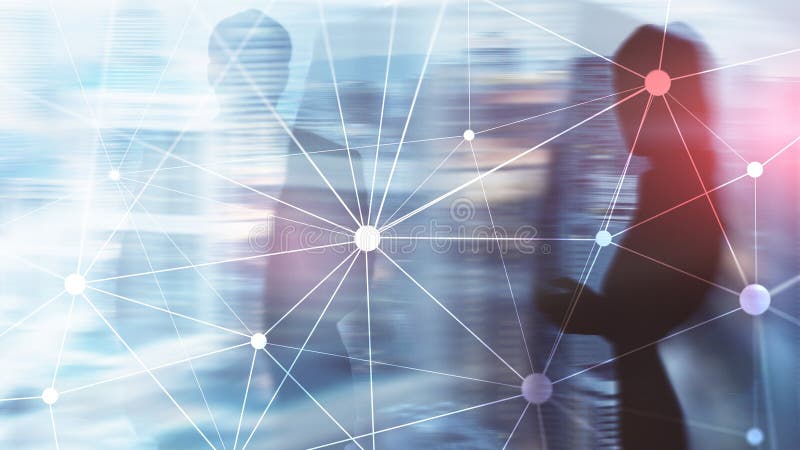 Blockchain network on blurred skyscrapers background. Financial technology and communication concept. royalty free stock image