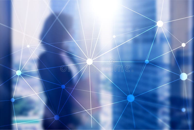 Blockchain sieć na zamazanym drapacza chmur tle Pieniężny technologii i komunikaci pojęcie ilustracji