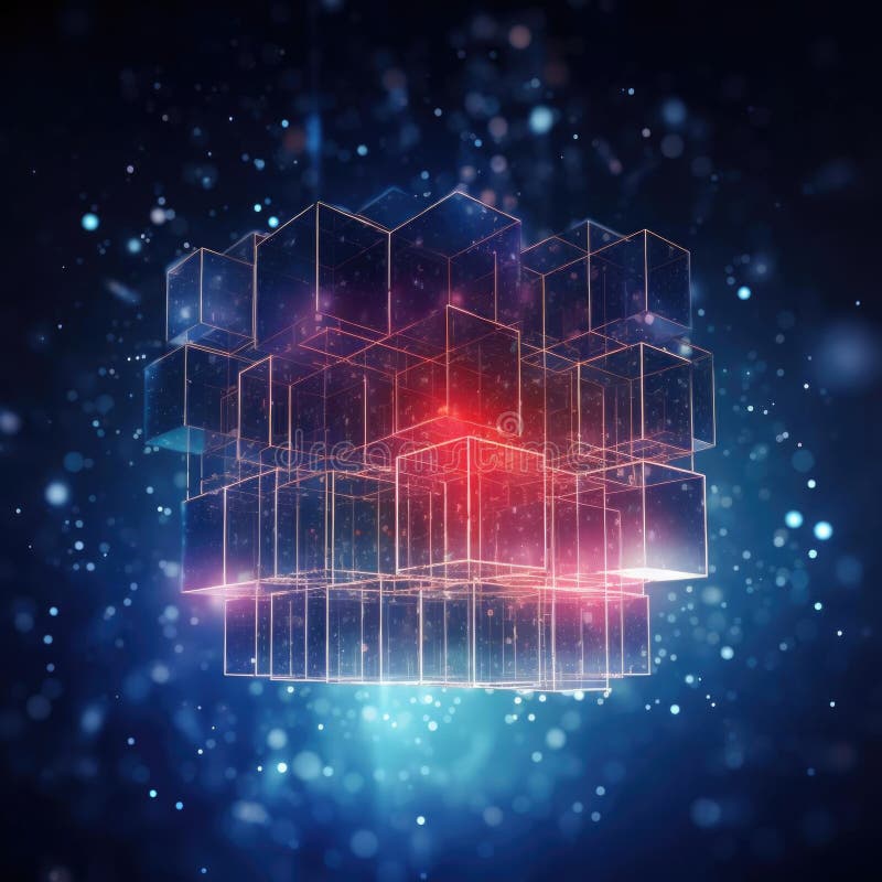 Blockchain-Technologie mit abstraktem Hintergrund. Blockchain Beschreibung auf abstrakten Technologie Würfeln erzeugt ai