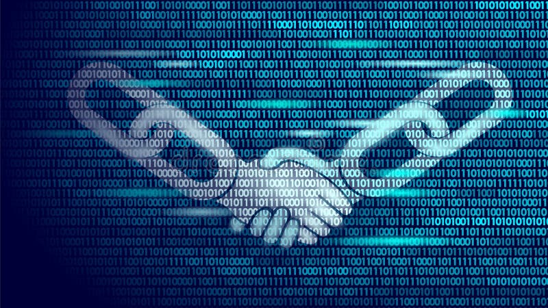 Blockchain technologii zgody uścisku dłoni pojęcia biznesowa depresja poli- Ikona symbolu binarnego kodu liczb szyldowy projekt r royalty ilustracja