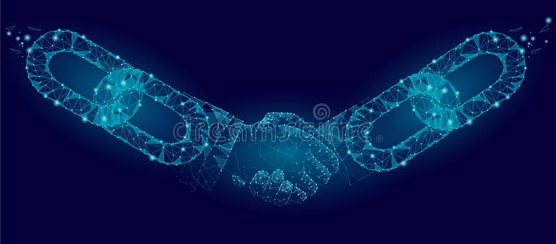 Blockchain technology agreement handshake business concept low poly. Polygonal point line geometric design. Hands chain vector illustration