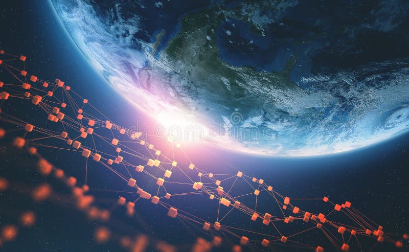 Blockchain technology. Big data global network. Planet earth 3D illustration
