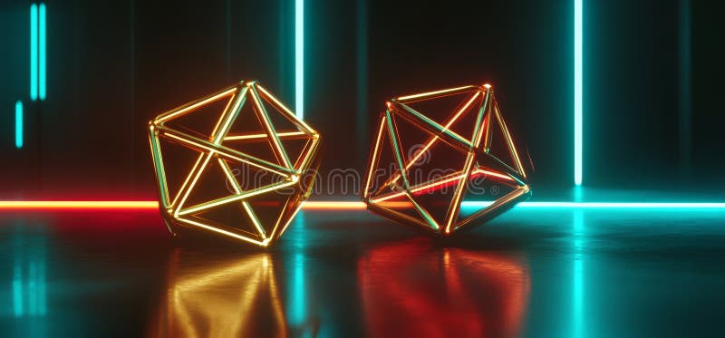 Blockchain technology is conceptualized in a 3D rendering featuring abstract prisms with lights on its background stock illustration