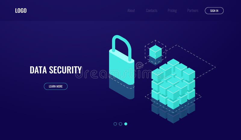Blockchain technology, data access and data security, isometric icon, protection cloud computing, lock database, dark stock illustration