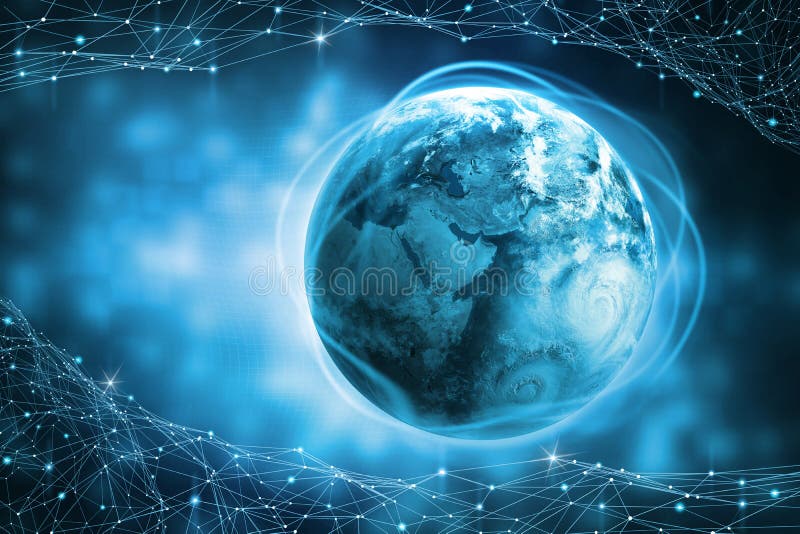 Blockchain technology. Global information field of the planet Earth. Protection and processing of digital data stock illustration