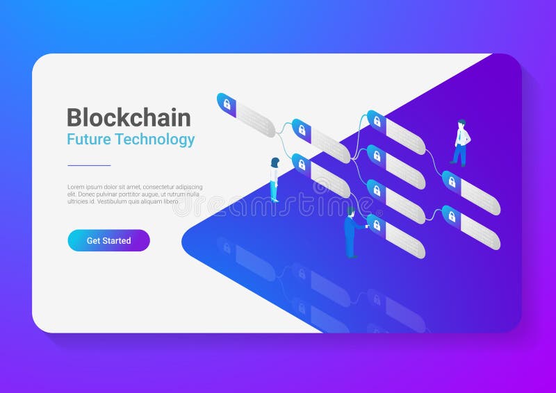 Blockchain Technology Isometric flat vector illustration concept. People using Block chain data vector illustration