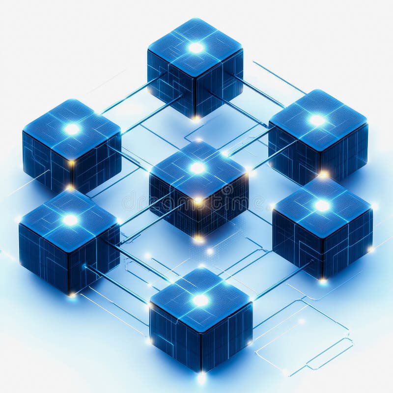 Blockchain technology layers with glowing blue cubes representing digital data and secure transactions in motion stock images