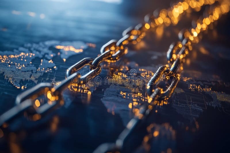 Blockchain technology represented by a blue glowing digital chain stock image