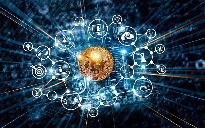 Blockchain teknologi och nätverksbegrepp Bitcoin cryptocurrency med anslutning för symbolsblockchainnätverk på moderkortmicrocirc arkivbilder