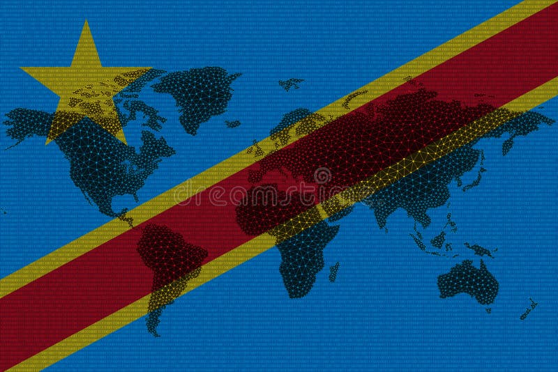 Blockchain world map on the background of the flag of congo and cracks. congo cryptocurrency concept vector illustration