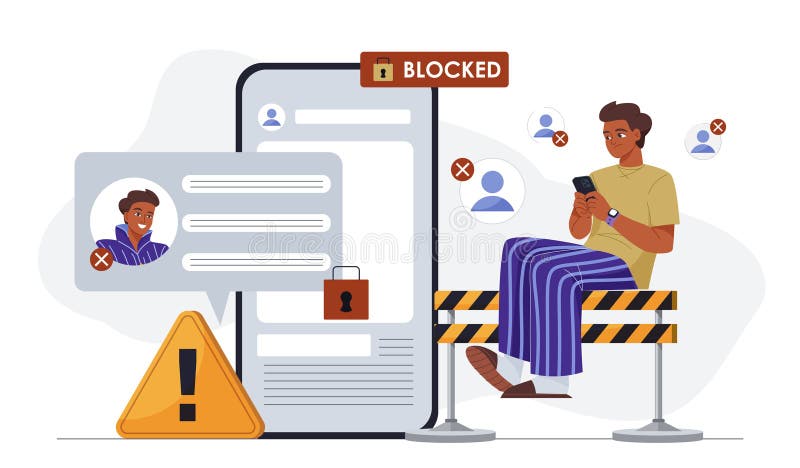 Blocked user account. Man with smartphone trying to enter to social media profile. User has been denied access to stock illustration
