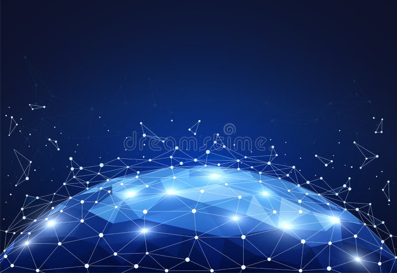 Blockera anslutningar för det globala nätverket med punkter och linjer på världskarta Wireframe av nätverkskommunikationer stock illustrationer