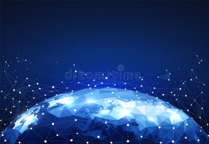 Blockera anslutningar för det globala nätverket med punkter och linjer på världskarta Wireframe av nätverkskommunikationer stock illustrationer