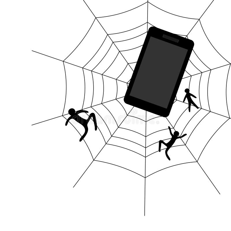 Blockierspinnennetz mit einem spidersmart Telefonmobile und von Menschen gefangen. Symbol der Gerätsuchts vektor abbildung