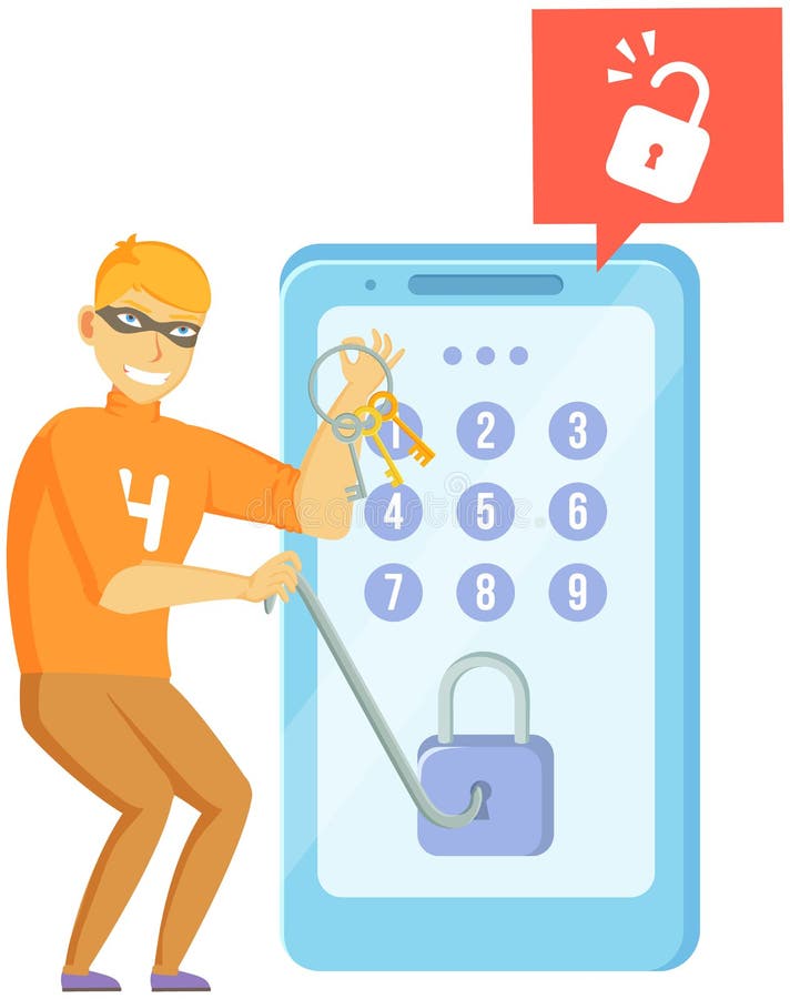 Blocking hacker attack. Hacker breaks into smartphone. Cyber attacker trying to hack computer stock illustration