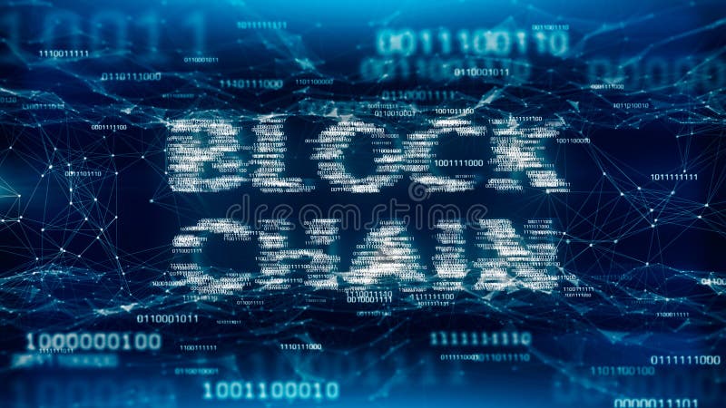 Blockkedjeblockkedjeord med binär kod och nätverksanslutningar stock illustrationer