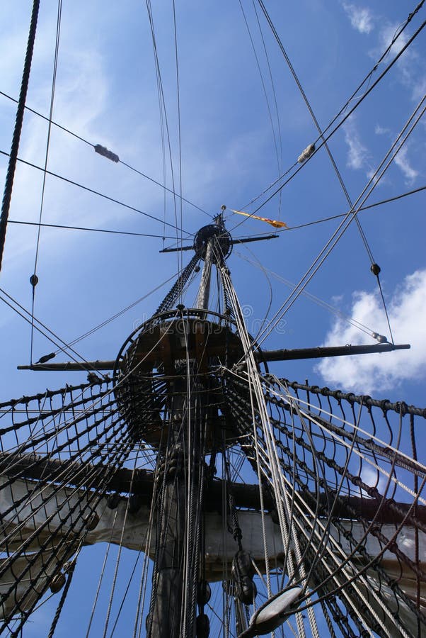Blocks ropes and mast on a large sailing ship.