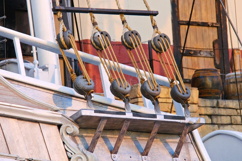 Blocks and ropes on the ancient sailboat. Blocks and ropes on the ancient sailboat