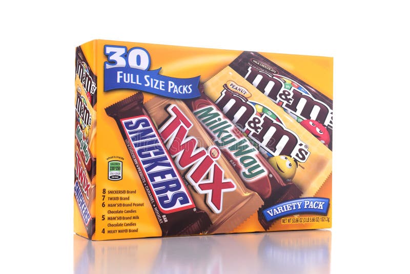 IRVINE, CALIFORNIA - OCTOBER 12, 2018: A 30 count box of assorted full size candy bars from Mars Chocolate. IRVINE, CALIFORNIA - OCTOBER 12, 2018: A 30 count box of assorted full size candy bars from Mars Chocolate.