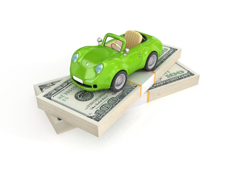 Small green car and dollar packs.Isolated on white background.3d rendered. Small green car and dollar packs.Isolated on white background.3d rendered.