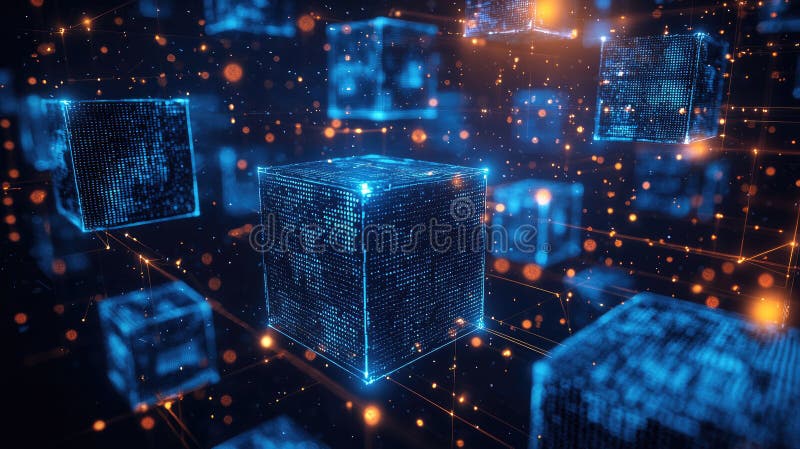 Blocurile blocului digital și fluxurile de date cu lumini strălucitoare într-un concept de rețea futuristă royalty free illustration