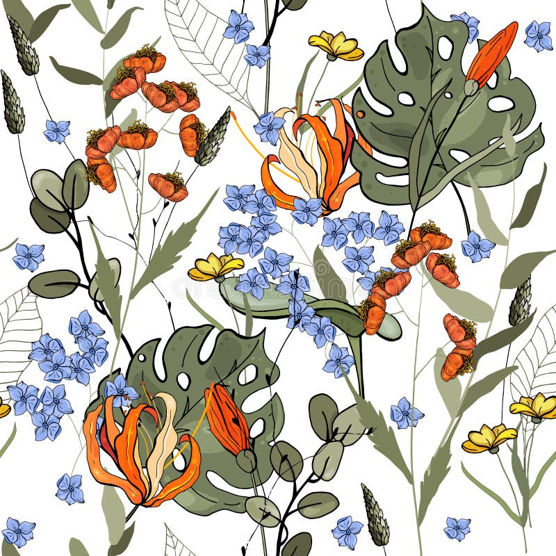 Bloeiende realistische geïsoleerde bloemen Getrokken hand Vector illustratie Retro Wild naadloos bloempatroon Uitstekende achterg vector illustratie Bloeiende realistische geïsoleerde bloemen Getrokken hand Vector illustratie Retro Wild naadloos bloempatroon Uitstekende achterg vector illustratie