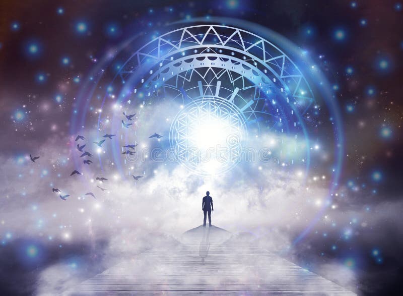 Portal to Heaven, another dimension, world. Let go of fears, trust the Universe, galaxy in mind. Bright blue light and rays at the end of the path, passage in stars. Man silhouette looking through door way. Concept for endings and new beginnings. Spiritual sacred geometry, Flower of life meditation, enlightenment, awaken, astral projection, soul journey, guidance  concepts. Portal to Heaven, another dimension, world. Let go of fears, trust the Universe, galaxy in mind. Bright blue light and rays at the end of the path, passage in stars. Man silhouette looking through door way. Concept for endings and new beginnings. Spiritual sacred geometry, Flower of life meditation, enlightenment, awaken, astral projection, soul journey, guidance  concepts.