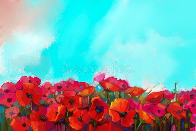 Colorful red poppy flower in the meadows. Oil painting red poppies flowers field with green and blue sky in background. Spring floral nature background. Colorful red poppy flower in the meadows. Oil painting red poppies flowers field with green and blue sky in background. Spring floral nature background