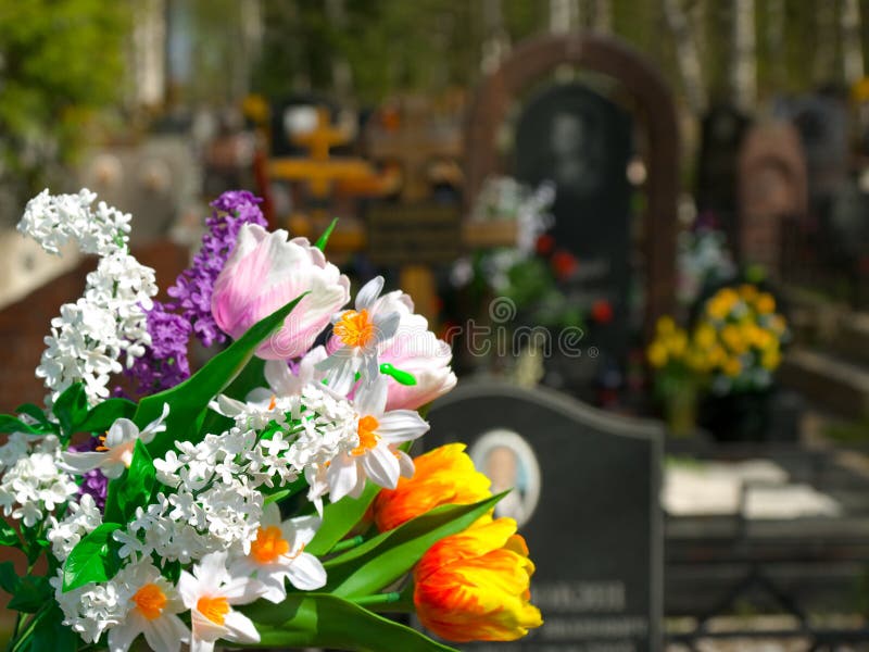 Flowers and cemetery on background. Flowers and cemetery on background