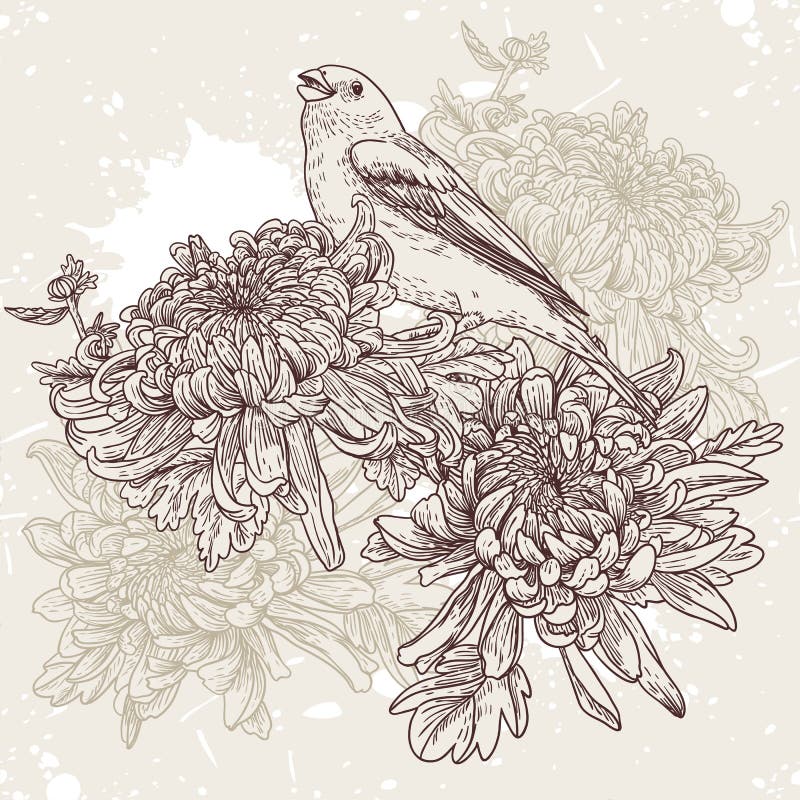 Bloemen met vogelillustratie stock illustratie