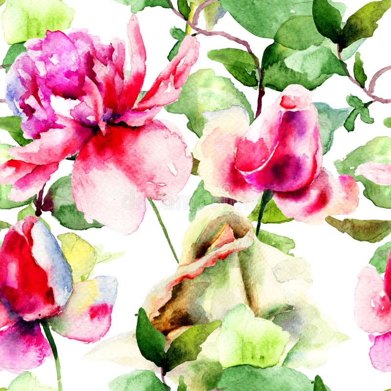 Bloemen naadloos patroon met Pioen en Rozenbloemen royalty-vrije illustratie Bloemen naadloos patroon met Pioen en Rozenbloemen royalty-vrije illustratie