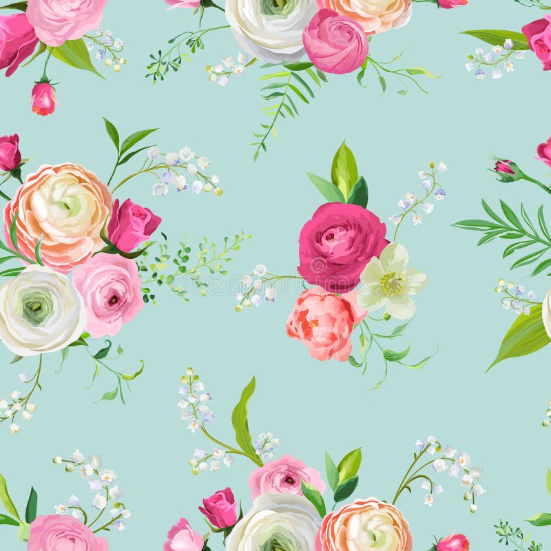 Bloemen Naadloos Patroon met Roze Bloemen en Lelie Botanische Achtergrond voor Stoffentextiel, Behang, Verpakkend Document vector illustratie Bloemen Naadloos Patroon met Roze Bloemen en Lelie Botanische Achtergrond voor Stoffentextiel, Behang, Verpakkend Document vector illustratie