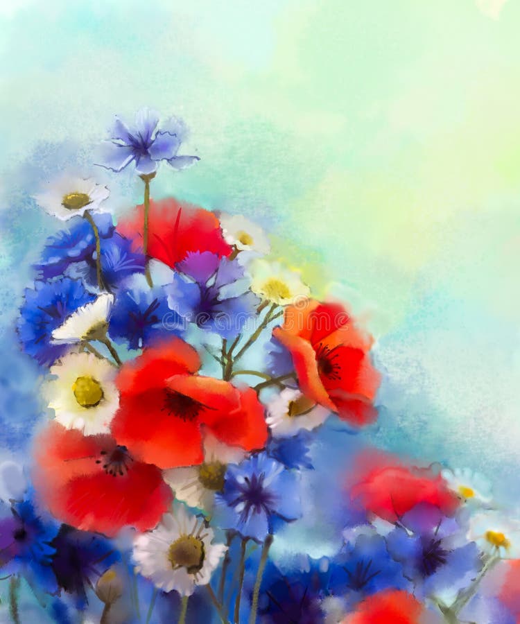 Watercolor red poppy flowers, blue cornflower and white daisy painting. Flower paint in soft color and blur style, Soft green and blue purple background. Spring floral seasonal nature background. Watercolor red poppy flowers, blue cornflower and white daisy painting. Flower paint in soft color and blur style, Soft green and blue purple background. Spring floral seasonal nature background