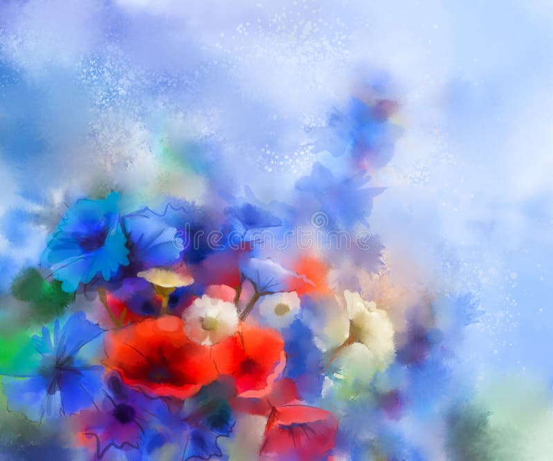 Watercolor red poppy flowers, blue cornflower and white daisy painting. Flower paint in soft color and blur style, Soft green and blue purple background. Spring floral seasonal nature background. Watercolor red poppy flowers, blue cornflower and white daisy painting. Flower paint in soft color and blur style, Soft green and blue purple background. Spring floral seasonal nature background