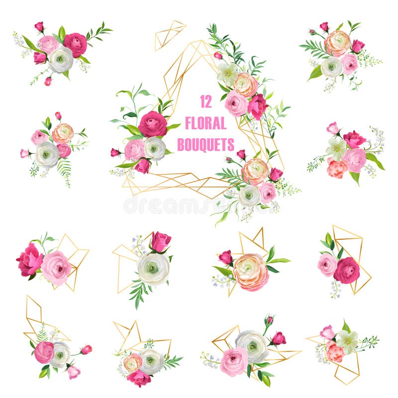 BloemendieBoeketten voor Vakantiedecoratie worden geplaatst De roze Bloemen omhult met Geometrische Elementen voor Huwelijksuitno royalty-vrije illustratie BloemendieBoeketten voor Vakantiedecoratie worden geplaatst De roze Bloemen omhult met Geometrische Elementen voor Huwelijksuitno royalty-vrije illustratie